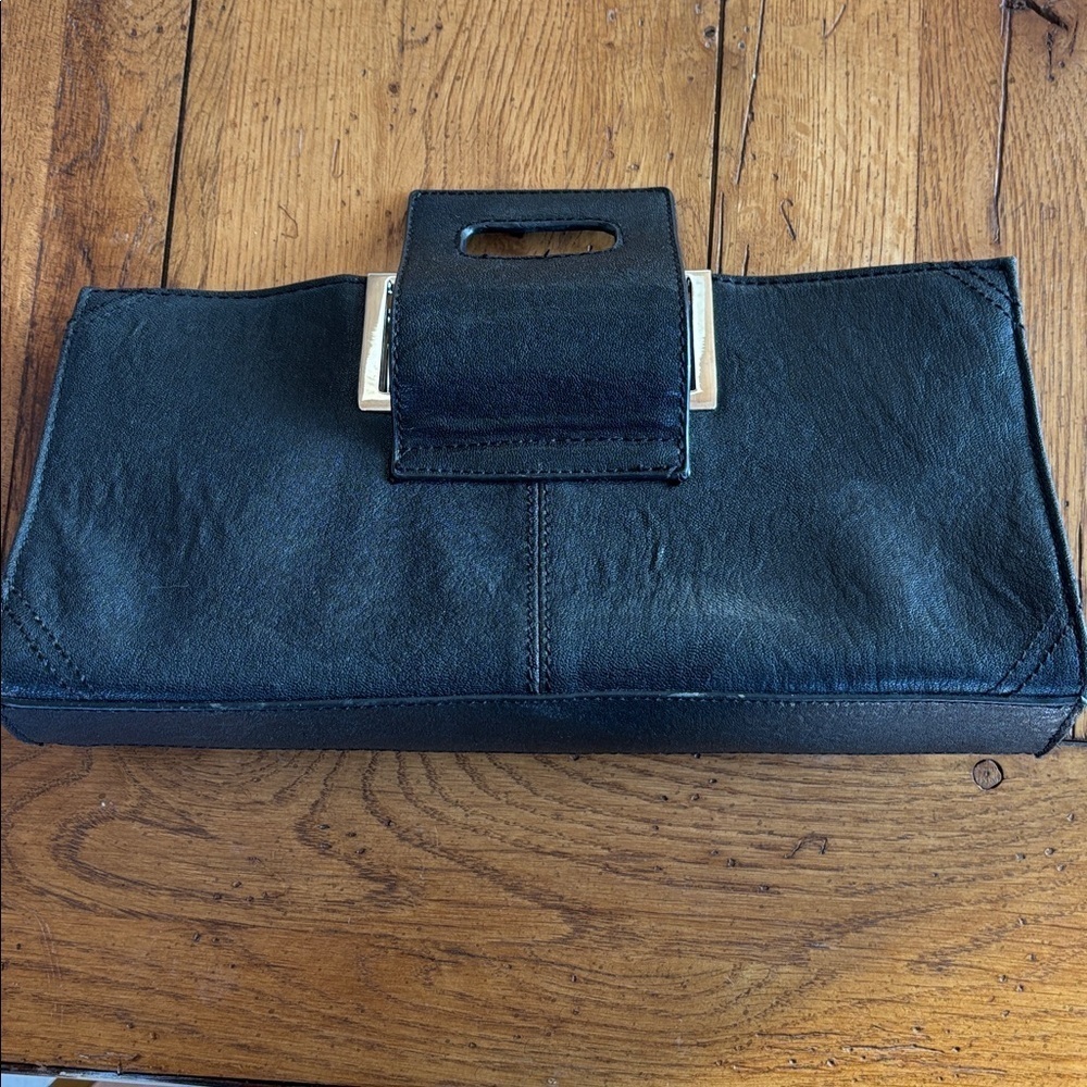 The Limited Black Leather and Woven Clutch Silver Tone Handle Toggle Close Bag - Picture 8 of 11